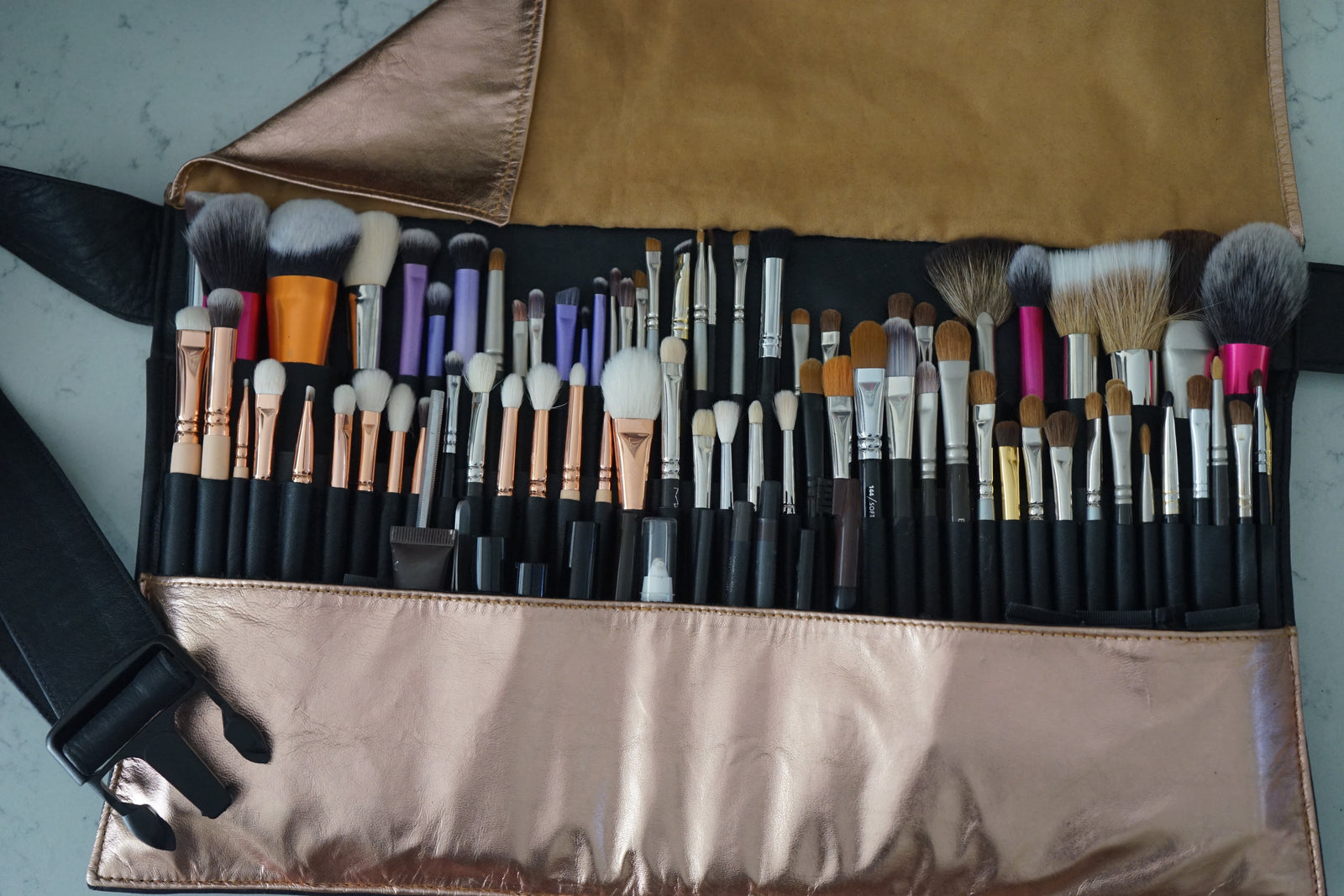 BRUSH BELT - Rose Gold & Black Leather (leather strap)