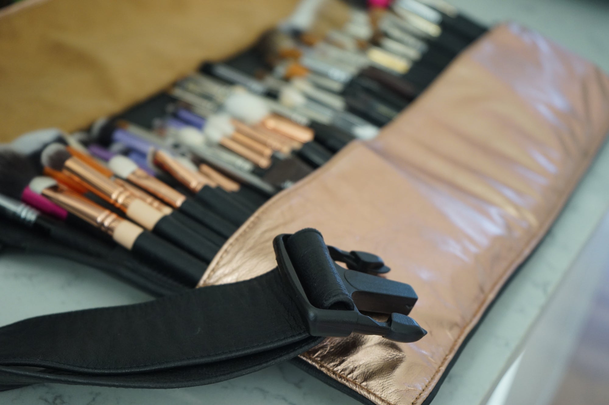BRUSH BELT - Rose Gold & Black Leather (leather strap)